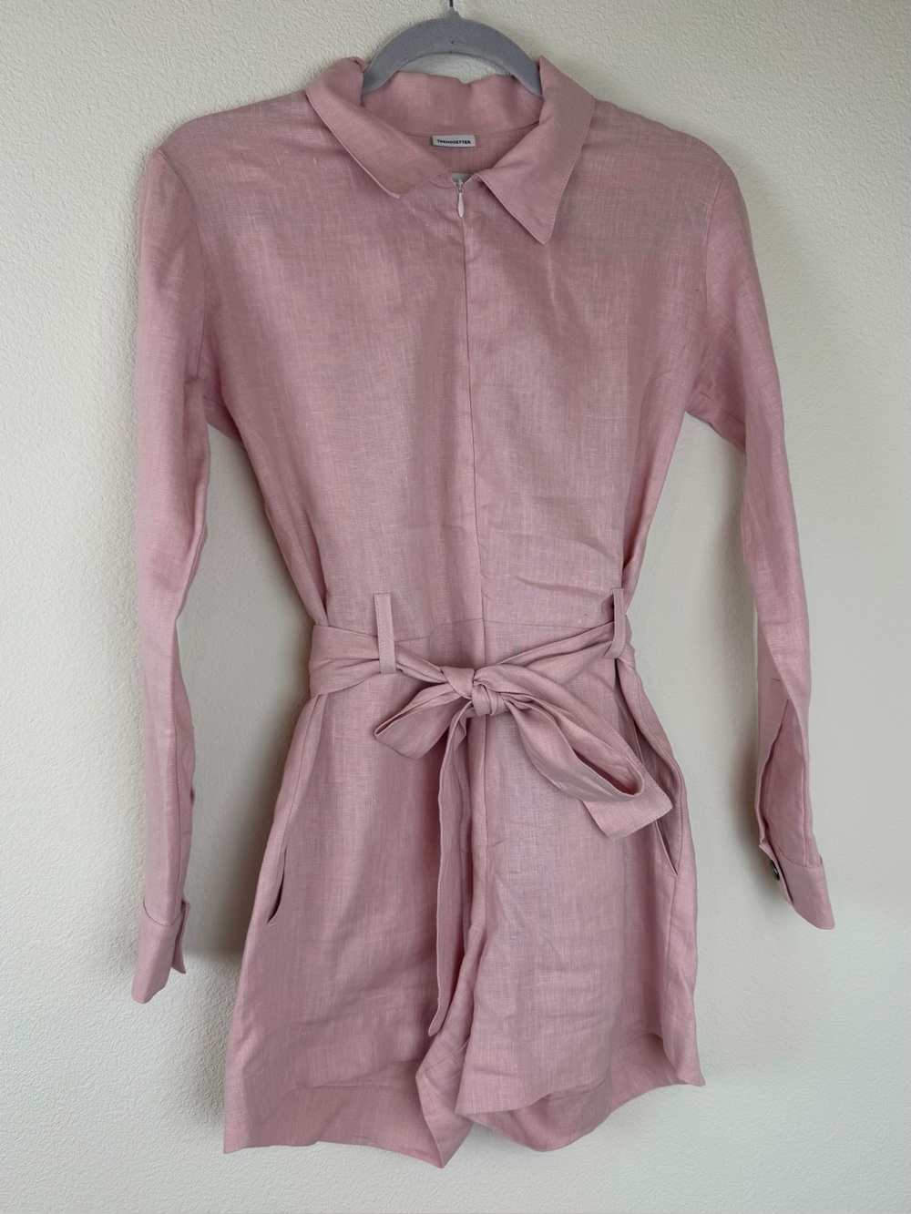 Rivet Utility Trendsetter Long Sleeve Belted Linen Romper in Soft Pink Size XS